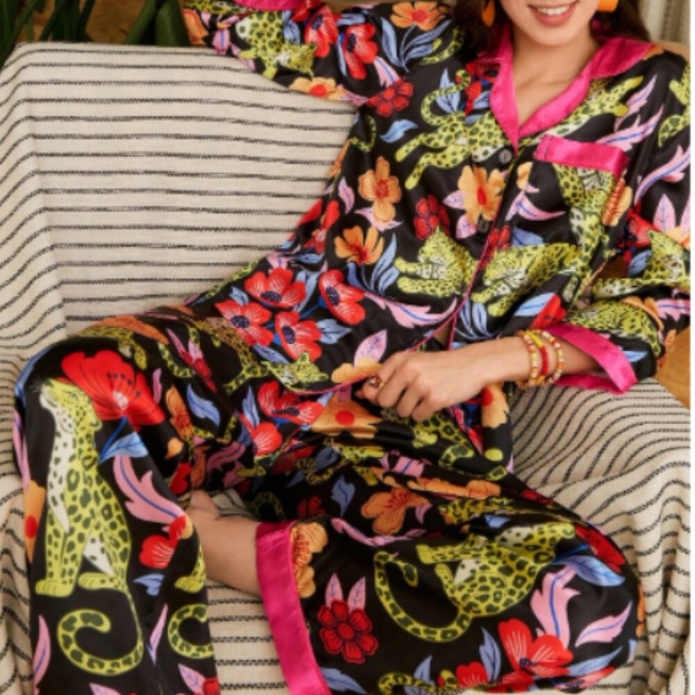 New Satin Exotic Floral Leopard Print  Loungewear Pajama Set